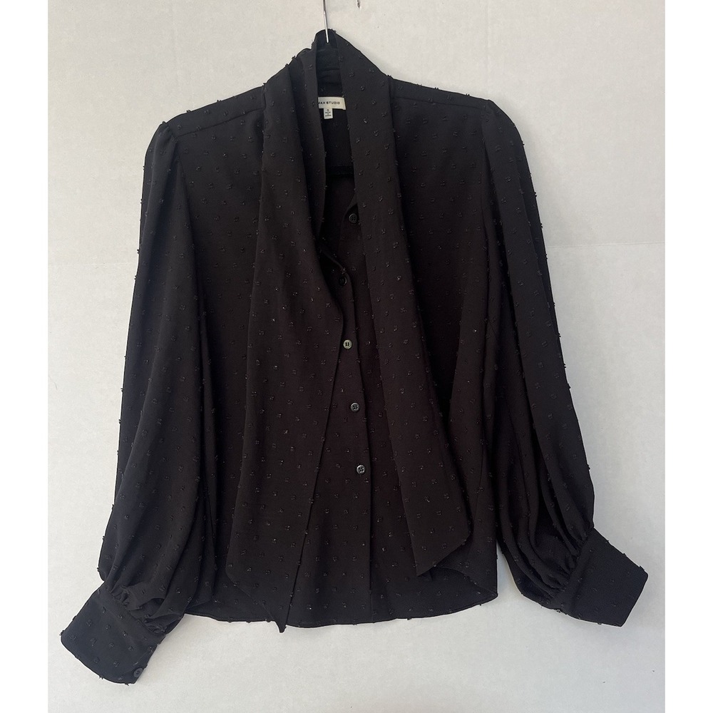 Max‎ Studio Women's Pleated Swiss Dot Necktie Black Blouse Size Small